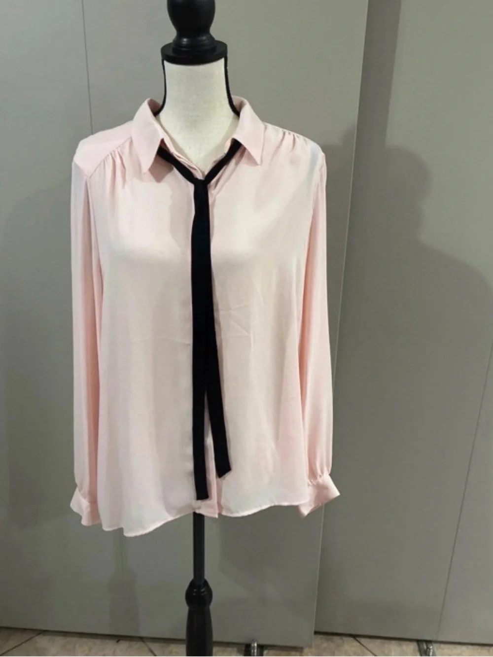 New York & Company Pale Pink Blouse with Black Tie